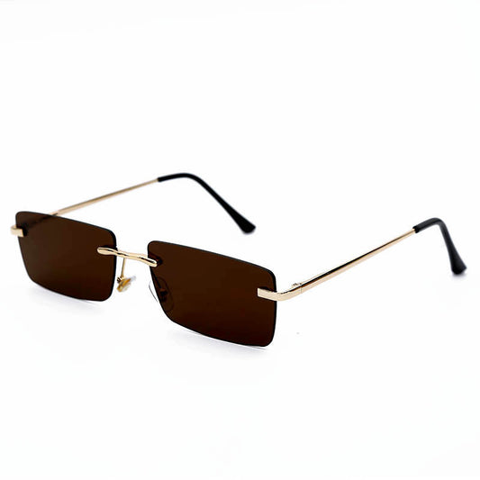 Lunettes de soleil rectangulaires sans monture au design minimaliste, avec branches dorées élégantes pour un look moderne et raffiné.