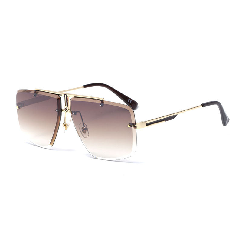 Lunettes de soleil oversized sans monture – Lignes carrées, branches métalliques dorées élégantes