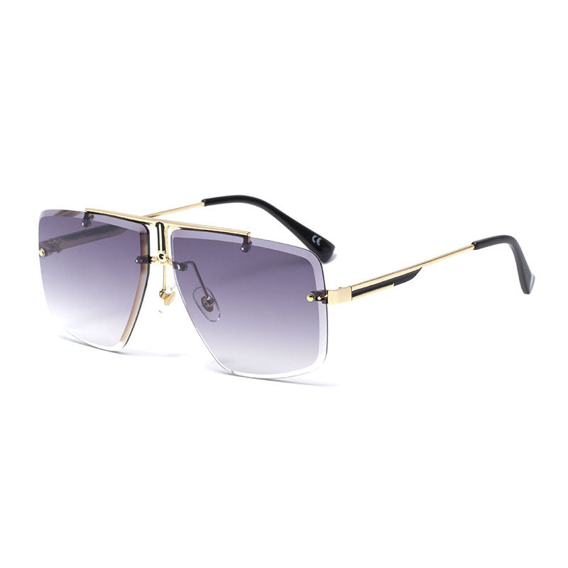 Lunettes de soleil oversized sans monture – Lignes carrées, branches métalliques dorées élégantes