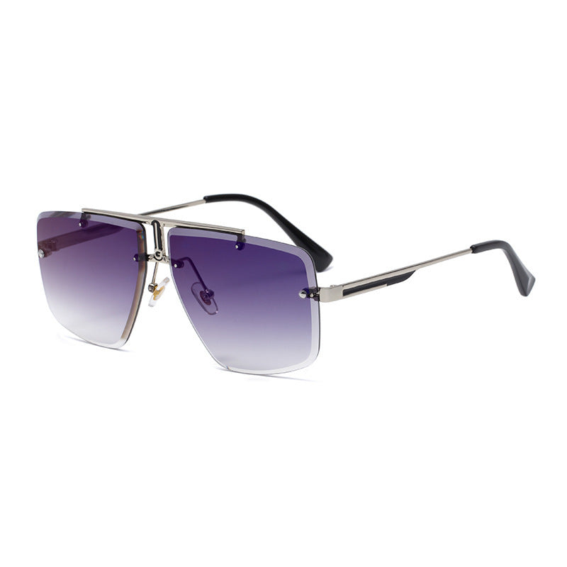 Lunettes de soleil oversized sans monture – Lignes carrées, branches métalliques dorées élégantes
