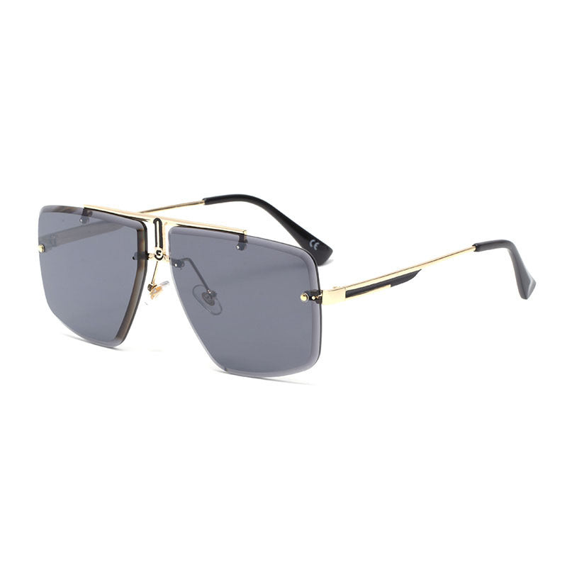 Lunettes de soleil oversized sans monture – Lignes carrées, branches métalliques dorées élégantes