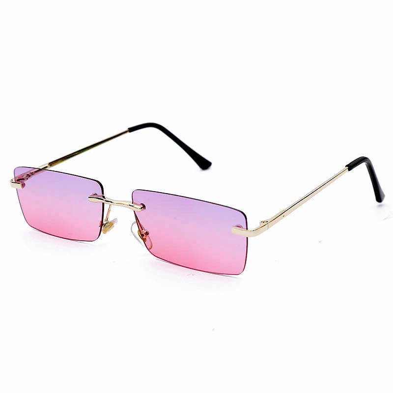 Lunettes de soleil rectangulaires sans monture au design minimaliste, avec branches dorées élégantes pour un look moderne et raffiné.